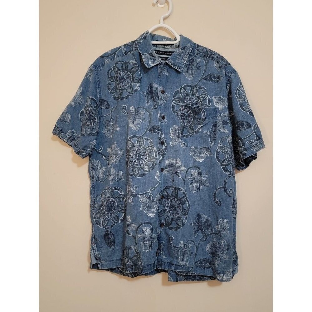 Tommy Hilfiger Men's Short Sleeve Button Up Shirt Indigo Floral Linen Size M
